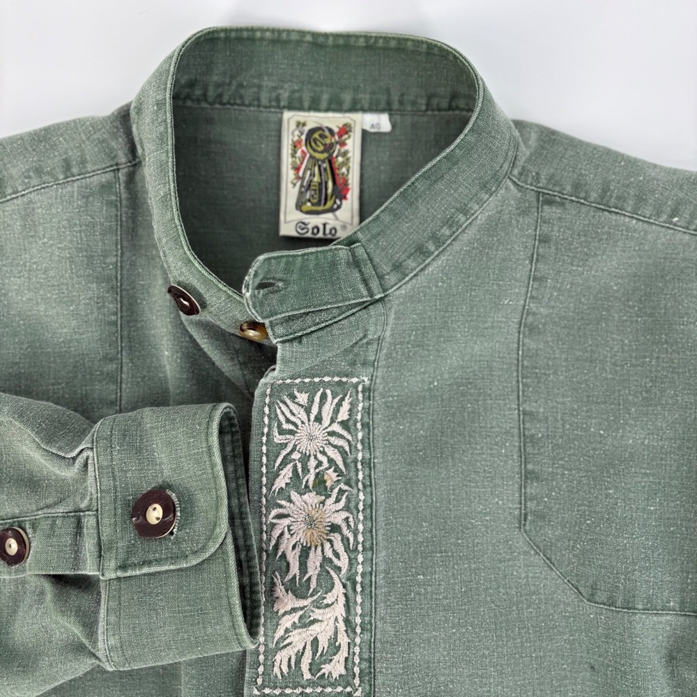 Solo Mens Trachten Shirt Sage Green Edelweiss Embroidery Band Collar Size 40
